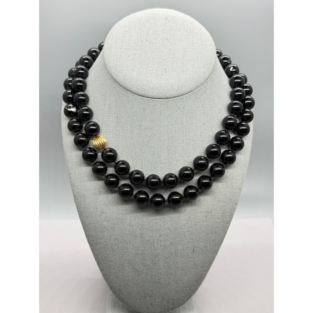 Black Glass Beaded And Knotted Necklace Ribbed Gold Tone Accent Bead 35"